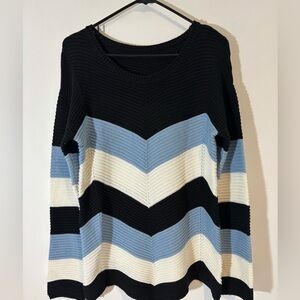 Women’s Medium Long Sleeve Winter Sweater Shades of Blue and White Cheveron
